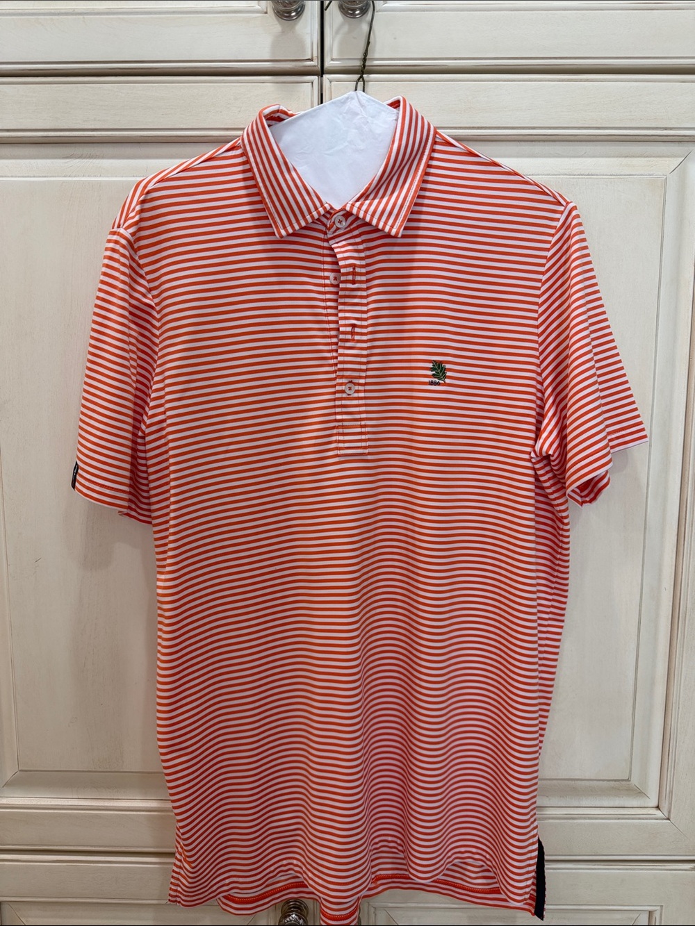 Ralph Lauren Orange and White Striped Short Sleeve Polo with Tuxedo Club logo